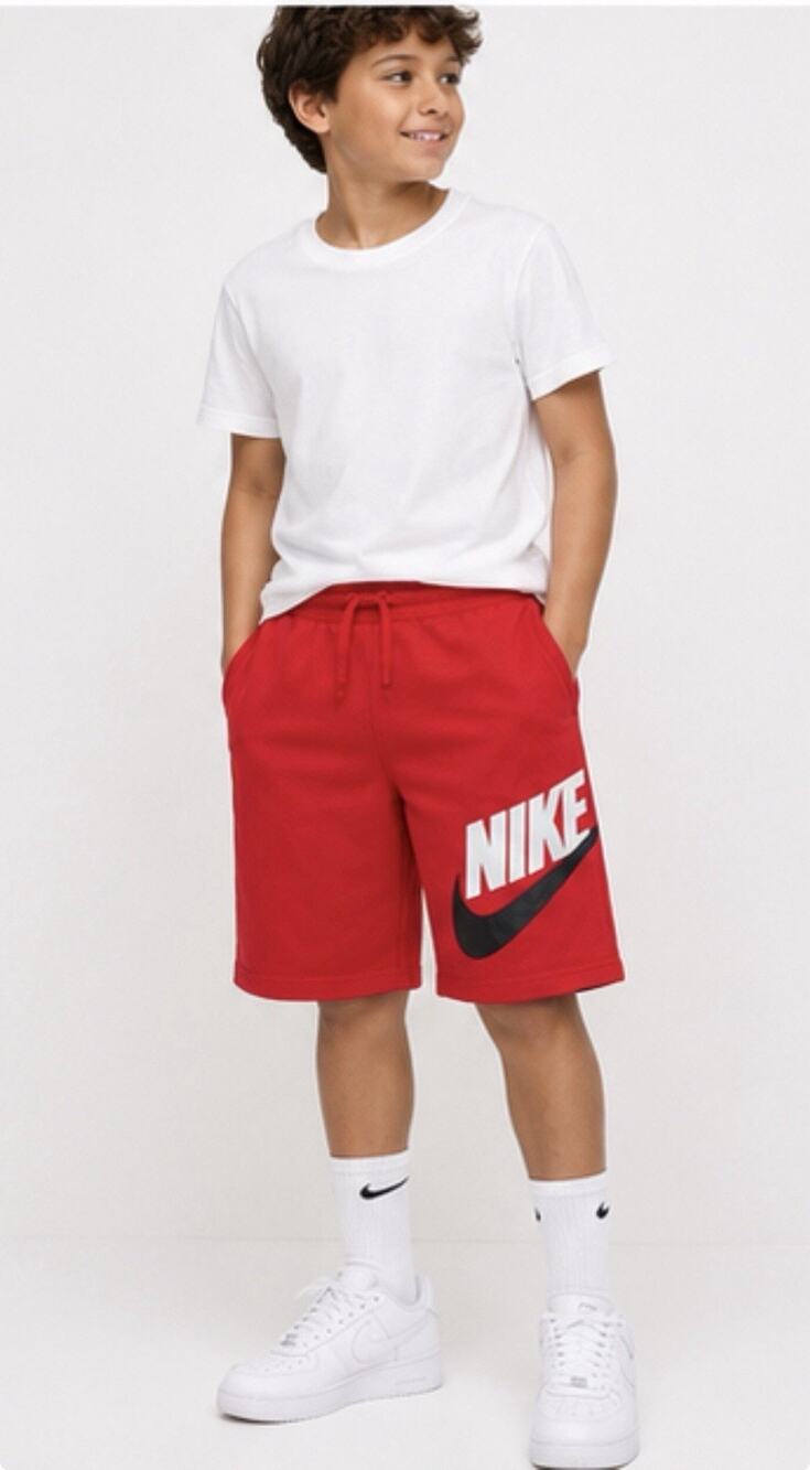 Nike Boys Medium Red Fleece Shorts Big Logo Swoosh Drawstring Athletic